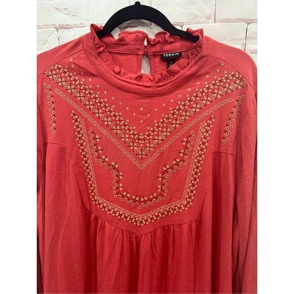 Torrid Womens Plus Size 1X Embroidered Long Sleeve Ruffle Mock Neck Top - Picture 5 of 9